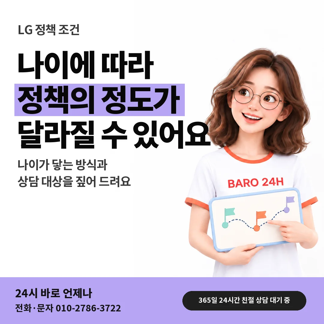 BARO 24H 티셔츠를 입은 3D 인물 옆에 「LG 나이와 정책 정도」 제목을 얹은 안내 카드