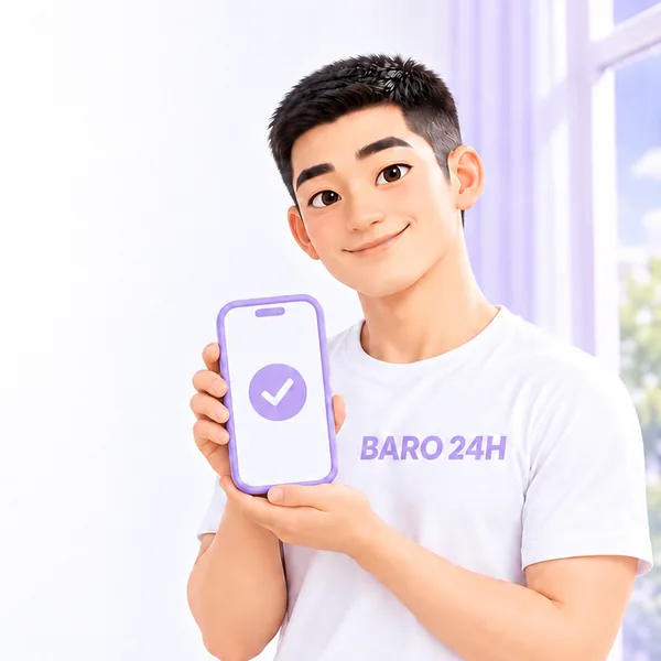 휴대폰 화면을 보여 주며 연락 방법을 알려 주는 3D 인물